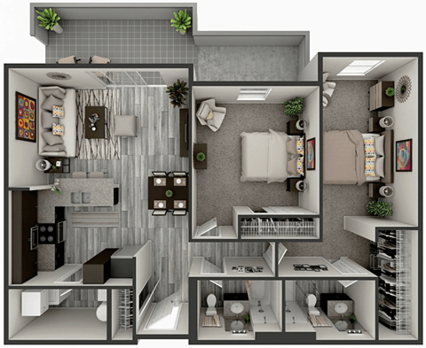 Floor plan for 2 beds, 2 baths, 1287 sqft